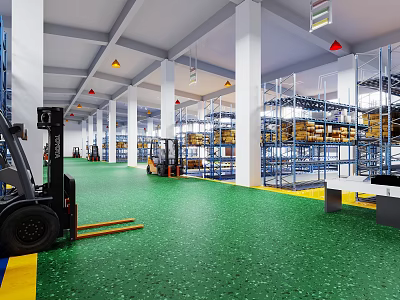 Industrial Warehouse Interior With Forklift Green Floor White Pillars And Storage Racks 3d model