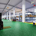 Industrial Warehouse Interior With Forklift Green Floor White Pillars And Storage Racks