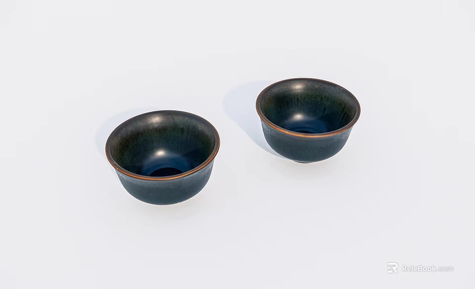 Two Dark Tea Bowls With Metallic Rim On White Background For Elegant Tea Time 3d model 