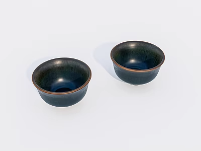 Two Dark Tea Bowls With Metallic Rim On White Background For Elegant Tea Time 3d model