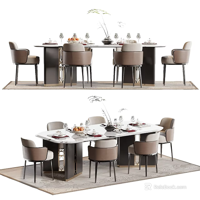 Modern Dining Table Set With Six Gray Chairs Marble Top Tableware And Vase Decorations 3d model