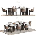 Modern Dining Table Set With Six Gray Chairs Marble Top Tableware And Vase Decorations 3d model
