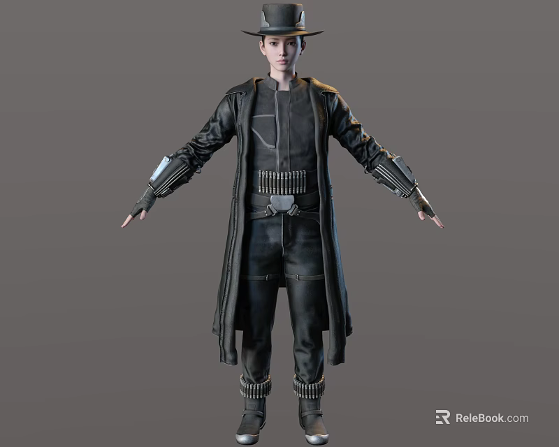 A Man In Black Long Coat With Hat Mechanical Belt And Gloves Costume Design 3d model 