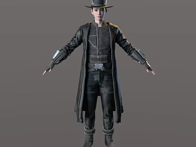 A Man In Black Long Coat With Hat Mechanical Belt And Gloves Costume Design 3d model