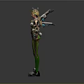 Game Movie Character Wearing White Top Green Tights With Blonde Hair Goggles And Mechanical Wings