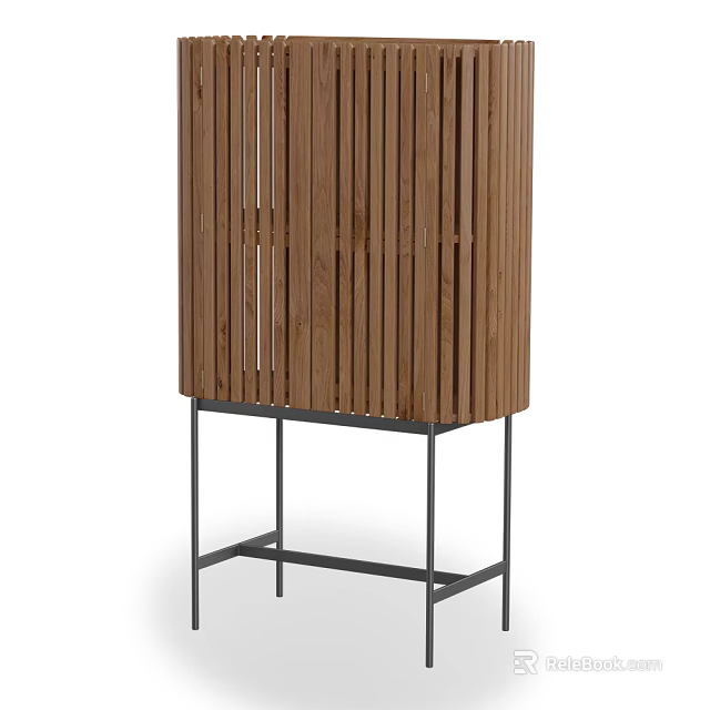 Wooden Wine Cabinet With Vertical Slat Design And Metal Stand 3d model 