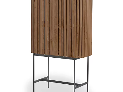 Wooden Wine Cabinet With Vertical Slat Design And Metal Stand 3d model