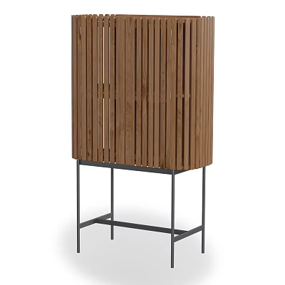 Wooden Wine Cabinet With Vertical Slat Design And Metal Stand 3d model