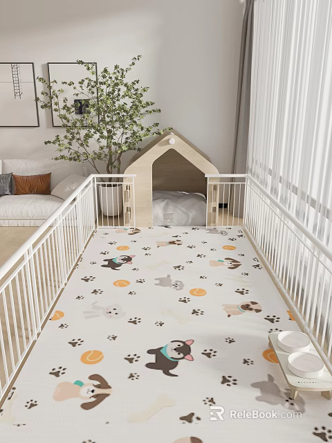 Cozy Living Room Interior With Pet Bed Play Mat And White Railings 3d model 