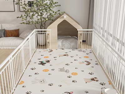 Cozy Living Room Interior With Pet Bed Play Mat And White Railings 3d model
