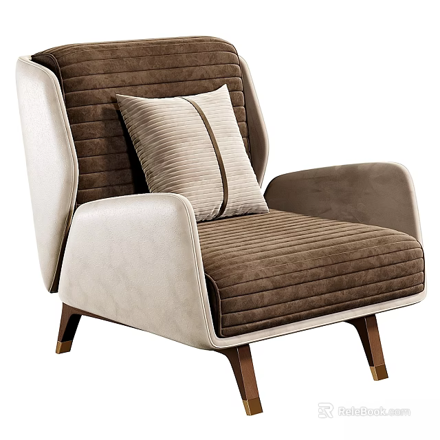 Modern Leisure Chair With Brown Striped Fabric Beige Upholstery Accent Pillow And Wooden Legs 3d model 