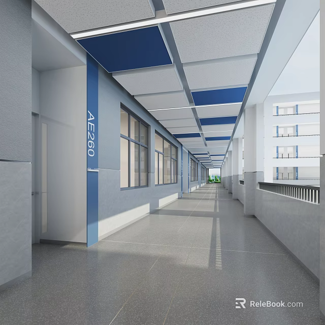 Modern Bright Elevator Corridor With Blue And White Ceiling Windows And Gray Walls 3d model 