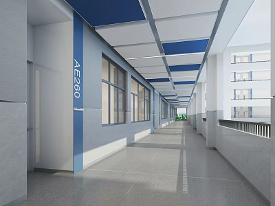 Modern Bright Elevator Corridor With Blue And White Ceiling Windows And Gray Walls 3d model
