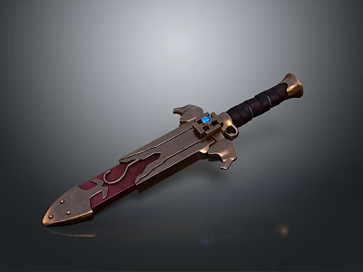 Ornate Sword With Metallic Blade Red Decorative Patterns Black Leather Hilt And Blue Gemstone 3d model