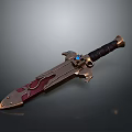 Ornate Sword With Metallic Blade Red Decorative Patterns Black Leather Hilt And Blue Gemstone