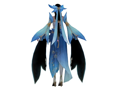 Game Movie Character In Blue Flowing Outfit With Black Wings And Long Hair 3d model
