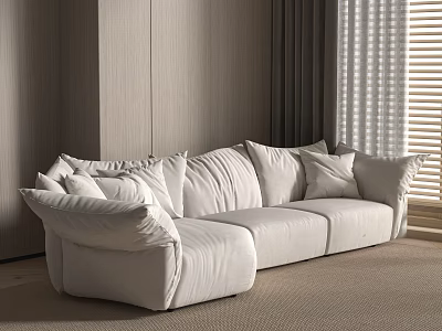 White Sectional Sofa with Plush Cushions in Modern Living Room Wooden Wall and Window Blinds 3d model