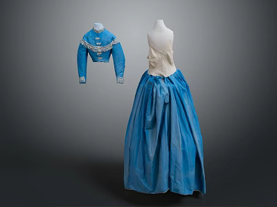 Vintage Blue Blouse And Full Skirt With White Top Displayed On Mannequin 3d model
