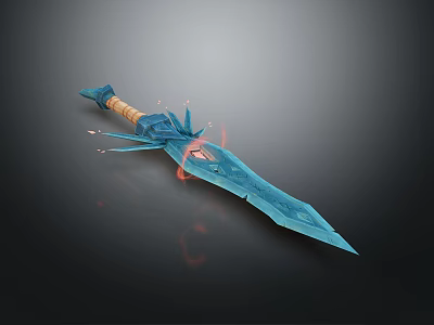 Blue Decorative Fantasy Sword With Wooden Handle And Red Flame Accents 3d model