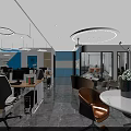 Modern Public Office Space Interior With Open Layout Desks Computers And Lounge Area 3d model