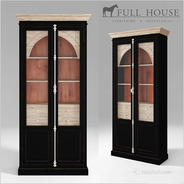 Elegant Dark Wood Cabinet with Arched Glass Doors Wooden Shelves and Drawers 3d model 