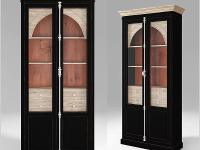Elegant Dark Wood Cabinet with Arched Glass Doors Wooden Shelves and Drawers 3d model