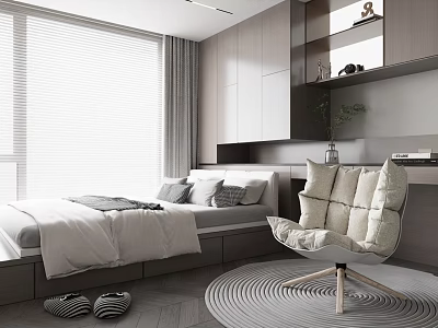 Modern Tatami Bedroom With Tatami Bed White Sheets Gray Pillows Padded Chair And Round Rug 3d model