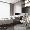 Modern Tatami Bedroom With Tatami Bed White Sheets Gray Pillows Padded Chair And Round Rug