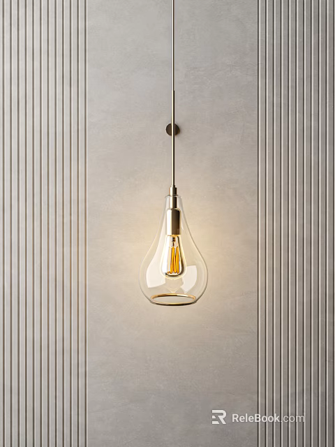 Modern Minimalist Pendant Light With Transparent Glass Shade And Visible Filament Against Vertical Striped Wall 3d model 