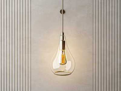 Modern Minimalist Pendant Light With Transparent Glass Shade And Visible Filament Against Vertical Striped Wall 3d model