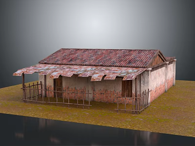 Rustic Old House With Weathered Brick Walls Rusted Metal Roof Awning And Wooden Fence 3d model