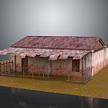 Rustic Old House With Weathered Brick Walls Rusted Metal Roof Awning And Wooden Fence