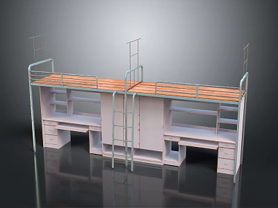 Metal Frame Bunk Bed With Desk Storage Cabinet And Ladder Structure 3d model