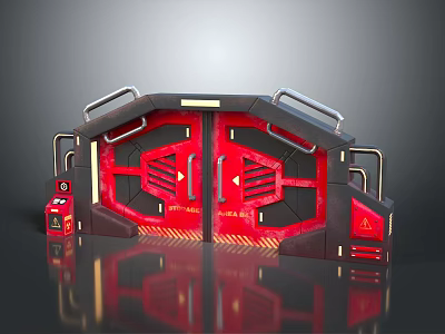 Futuristic Sci-Fi Gate Design With Red Panels Metal Frame And Warning Stripes 3d model
