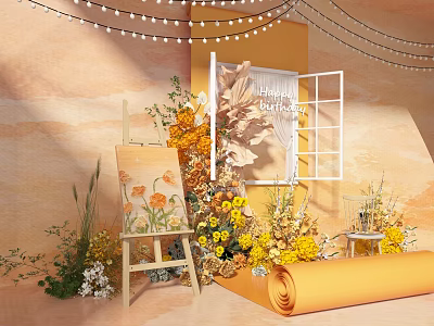 Warm Tone Floral Display With Yellow Flowers Scroll Easel And Window Decoration 3d model