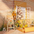 Warm Tone Floral Display With Yellow Flowers Scroll Easel And Window Decoration
