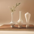 Stylish Decorative Ornament Set With Three White Vases On Wooden Tray And Green Foliage