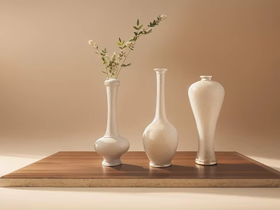 Stylish Decorative Ornament Set With Three White Vases On Wooden Tray And Green Foliage 3d model