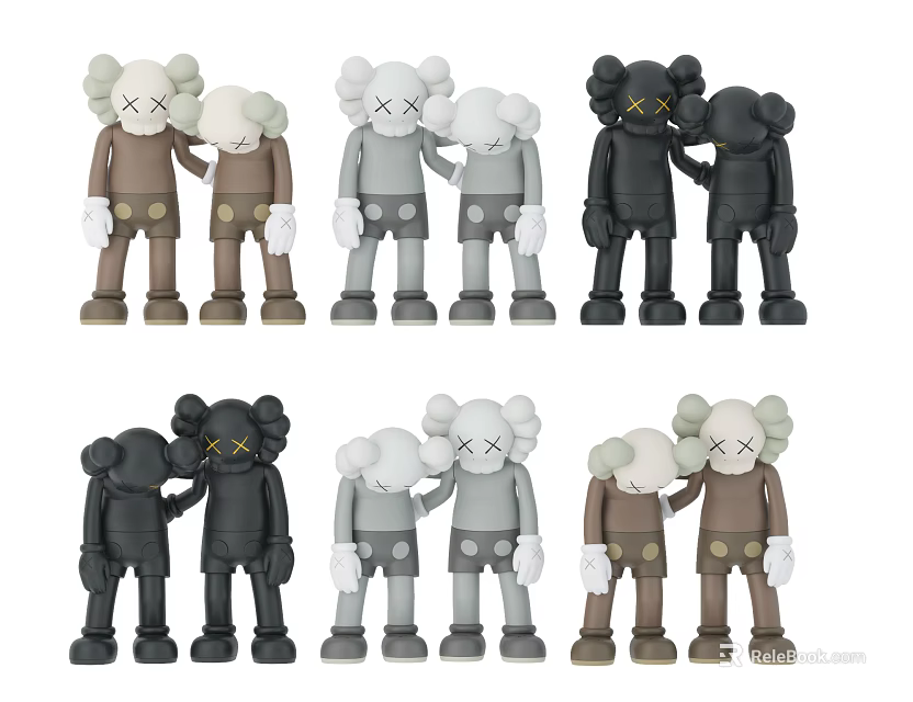 Kaws Style Collectible Hugging Dolls in Brown Gray Black with XX Eyes Design 3d model 