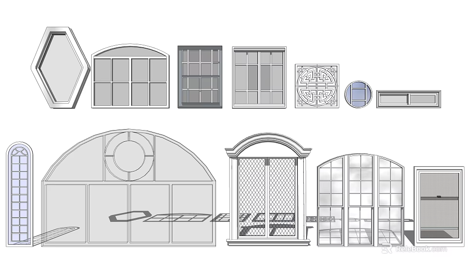Architectural Window And Door Design Sketches With Various Shapes And Grilles 3d model 