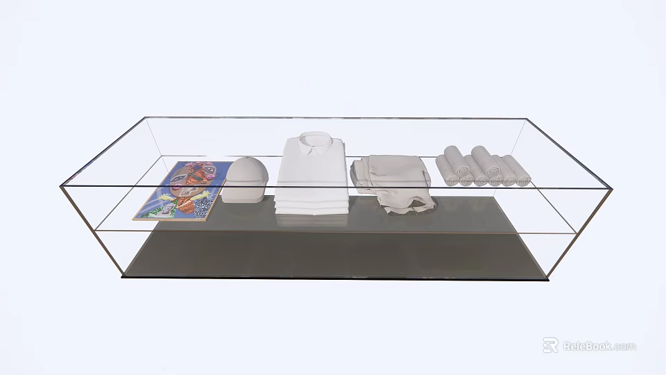 Shopping Mall Counter Featuring Glass Display Case With White Shirts Hats And Folded Merchandise 3d model 