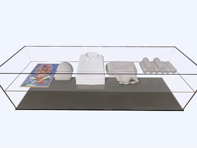 Shopping Mall Counter Featuring Glass Display Case With White Shirts Hats And Folded Merchandise 3d model