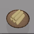Fresh White Corn Cobs Placed In Wicker Plate On Light Blue Background