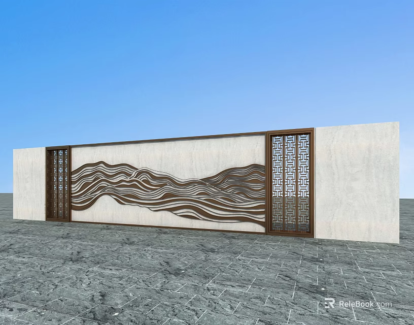 Modern Landscape Wall Design With Wavy Patterns Wooden Frames And Stone Surface 3d model