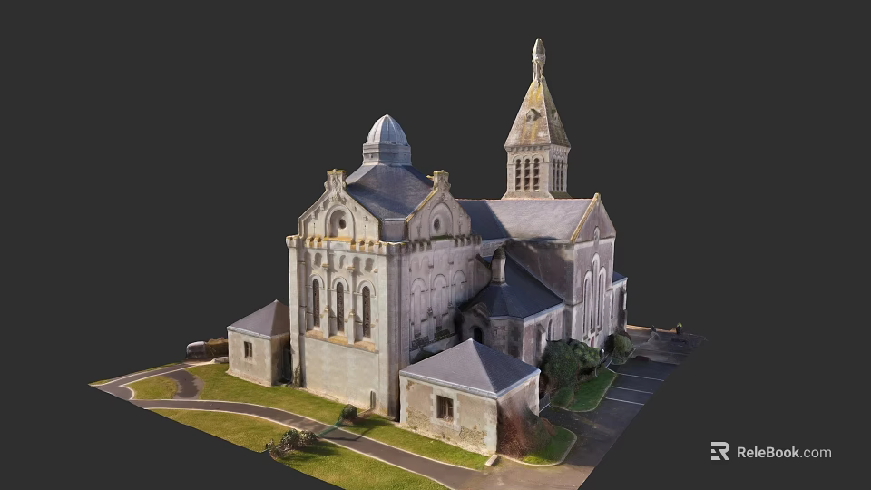 Garden Landscape With Historic Church Architecture Green Grass Lawn And Pathway 3d model 