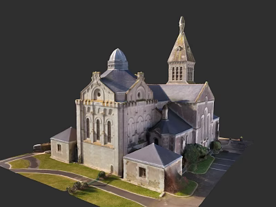 Garden Landscape With Historic Church Architecture Green Grass Lawn And Pathway 3d model