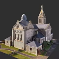 Garden Landscape With Historic Church Architecture Green Grass Lawn And Pathway
