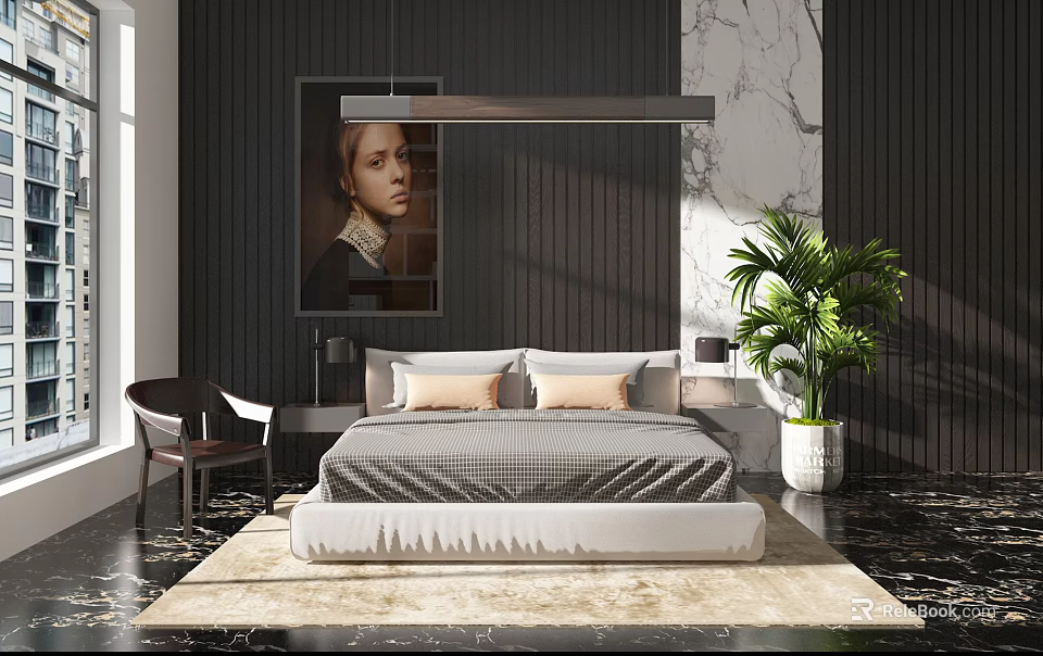 Background Double Bed with Dark Wall Painting Pendant Light and Green Plant on Marble Floor 3d model 
