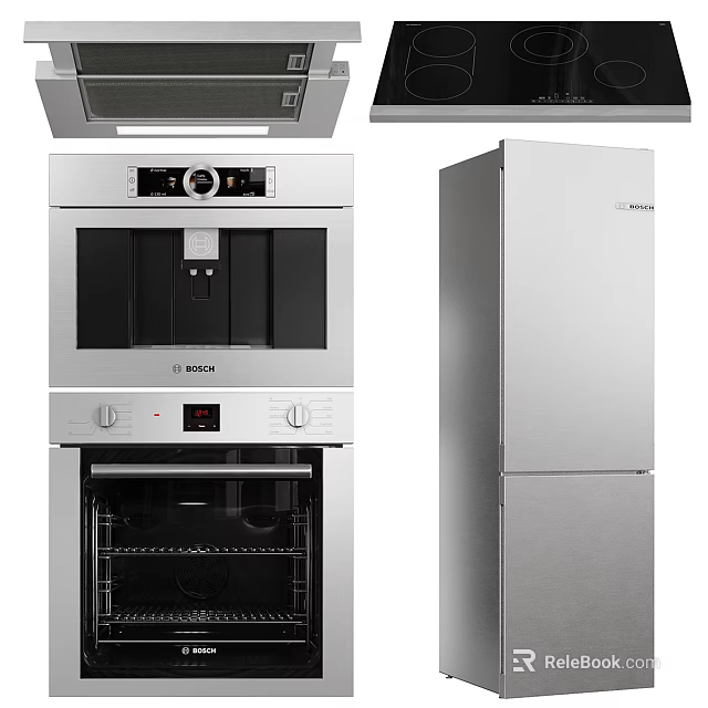 Modern Stainless Steel Refrigerator Freezer With Oven Coffee Machine In Kitchen 3d model 