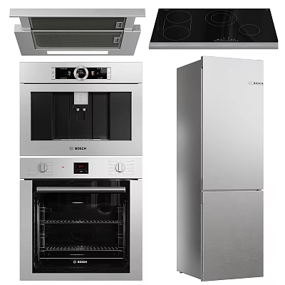 Modern Stainless Steel Refrigerator Freezer With Oven Coffee Machine In Kitchen 3d model